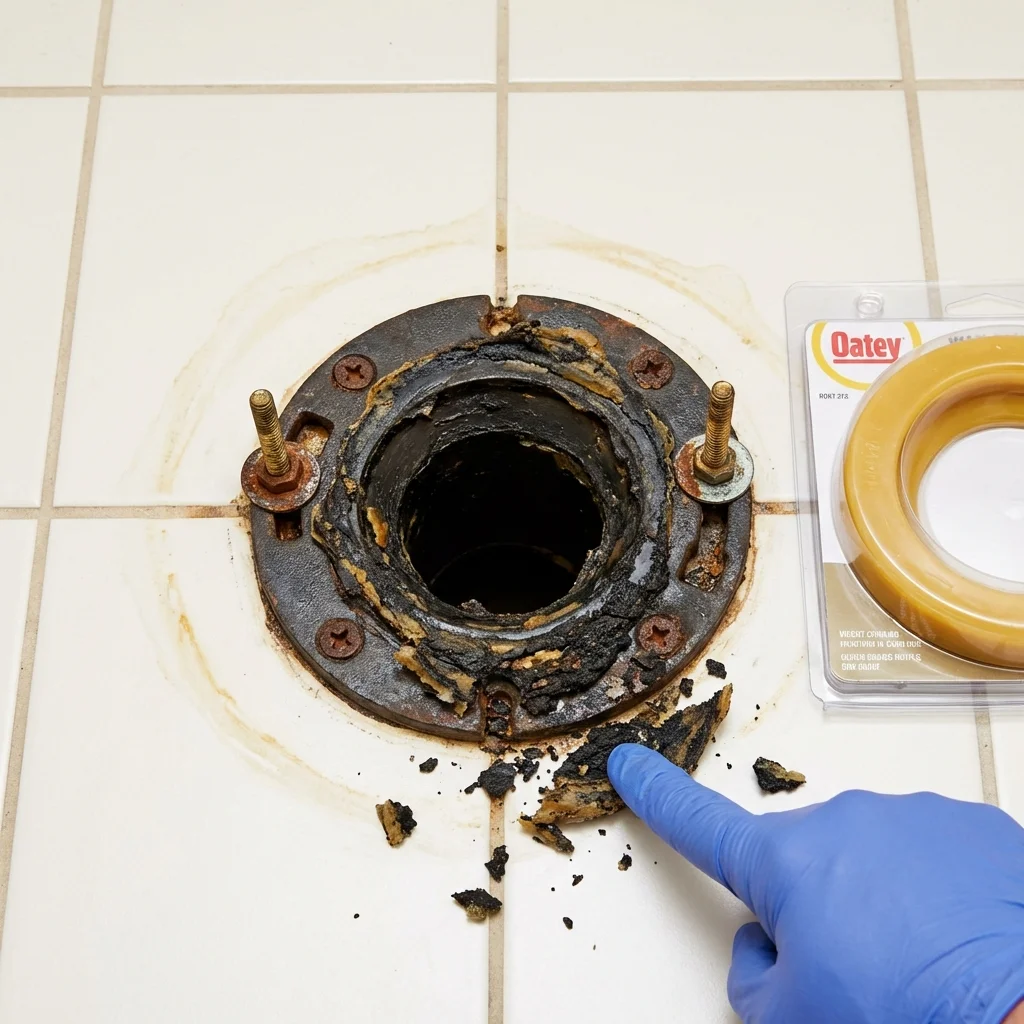 Failed wax ring showing water seepage at the base of a toilet in a Seymour, MO home